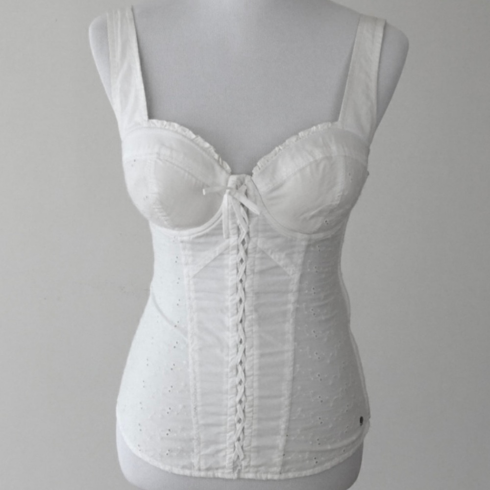 GUESS White Eyelet Lace Up Bustier Corset Tank Top